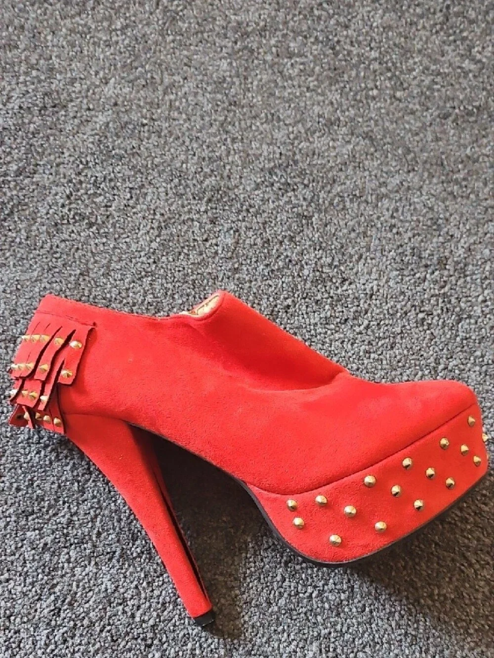 Red Studded Fringe Platform Ankle Heels - Women